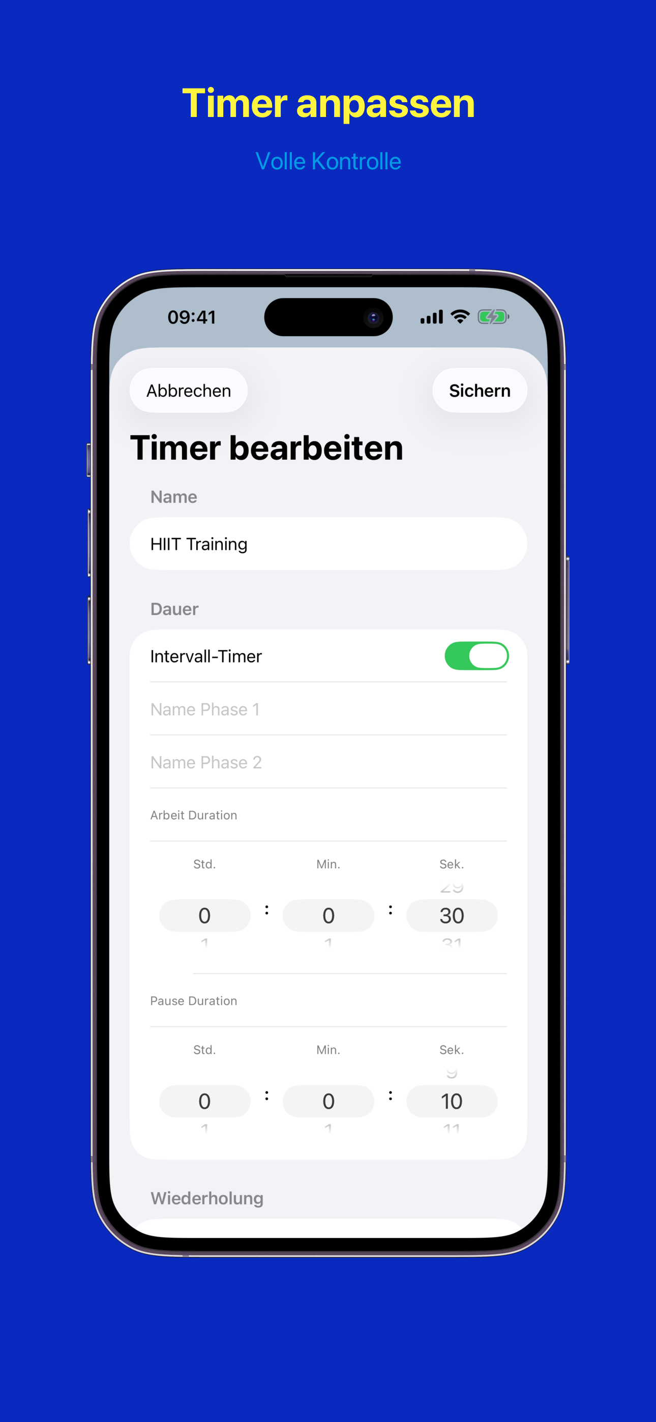 Timer-Konfiguration mit Name, Dauer, Farbe und Ton