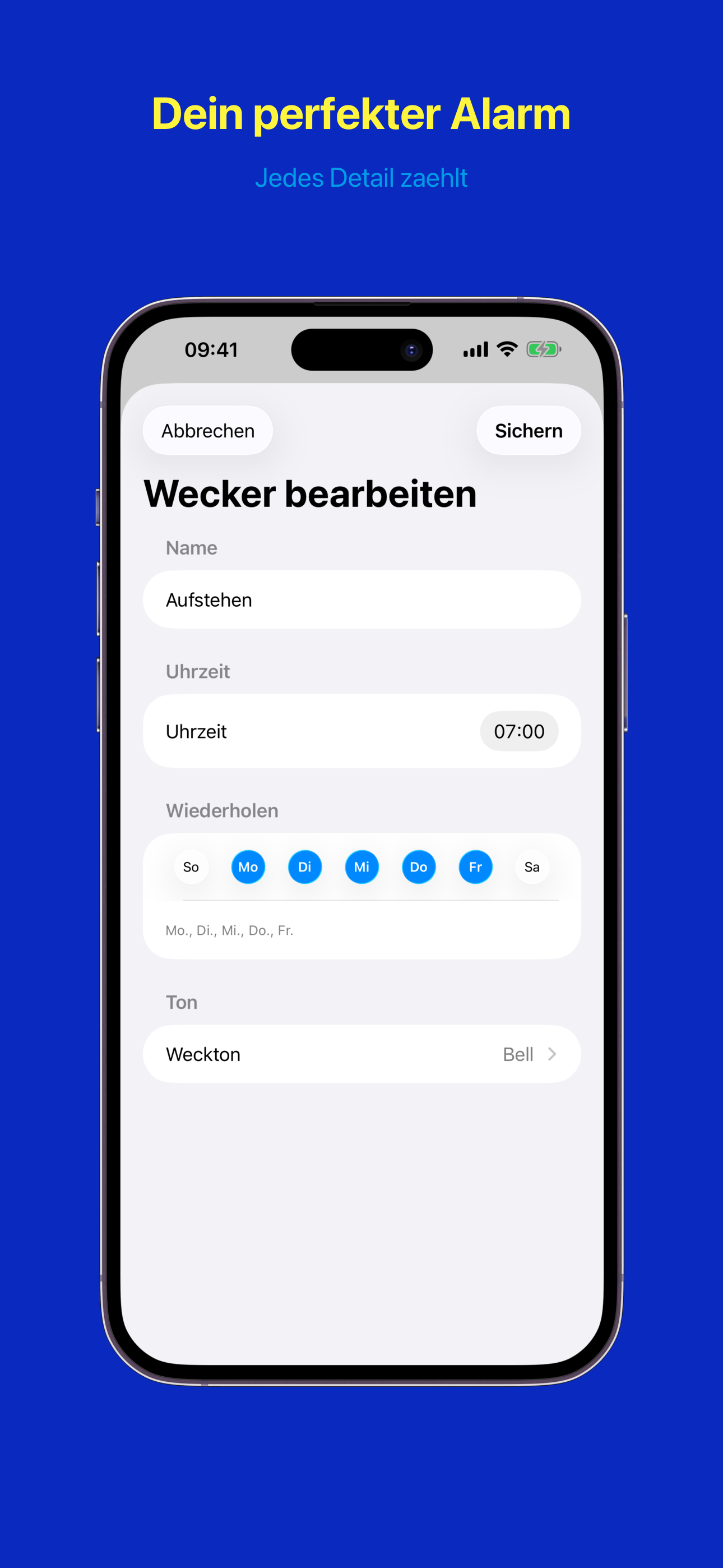 Wecker-Konfiguration mit Uhrzeit, Wochentagen und Ton