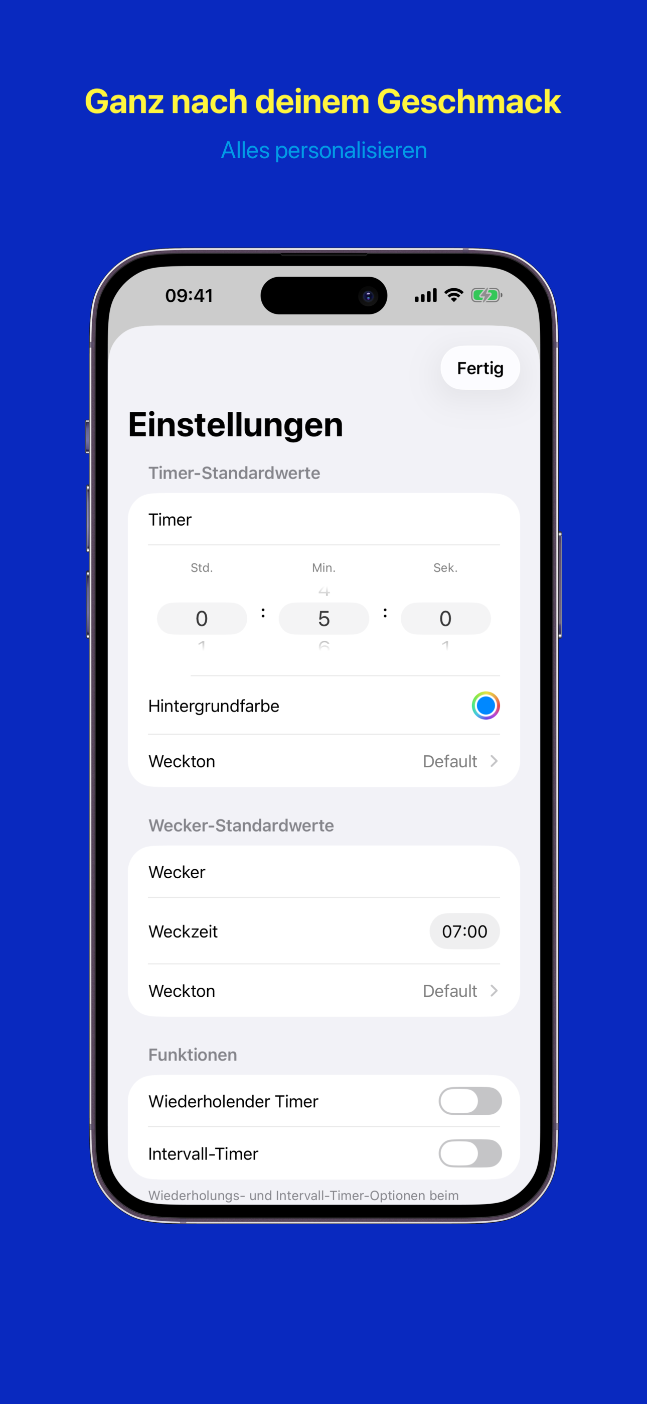 App-Einstellungen mit Standardwerten, Funktionen und Darstellung