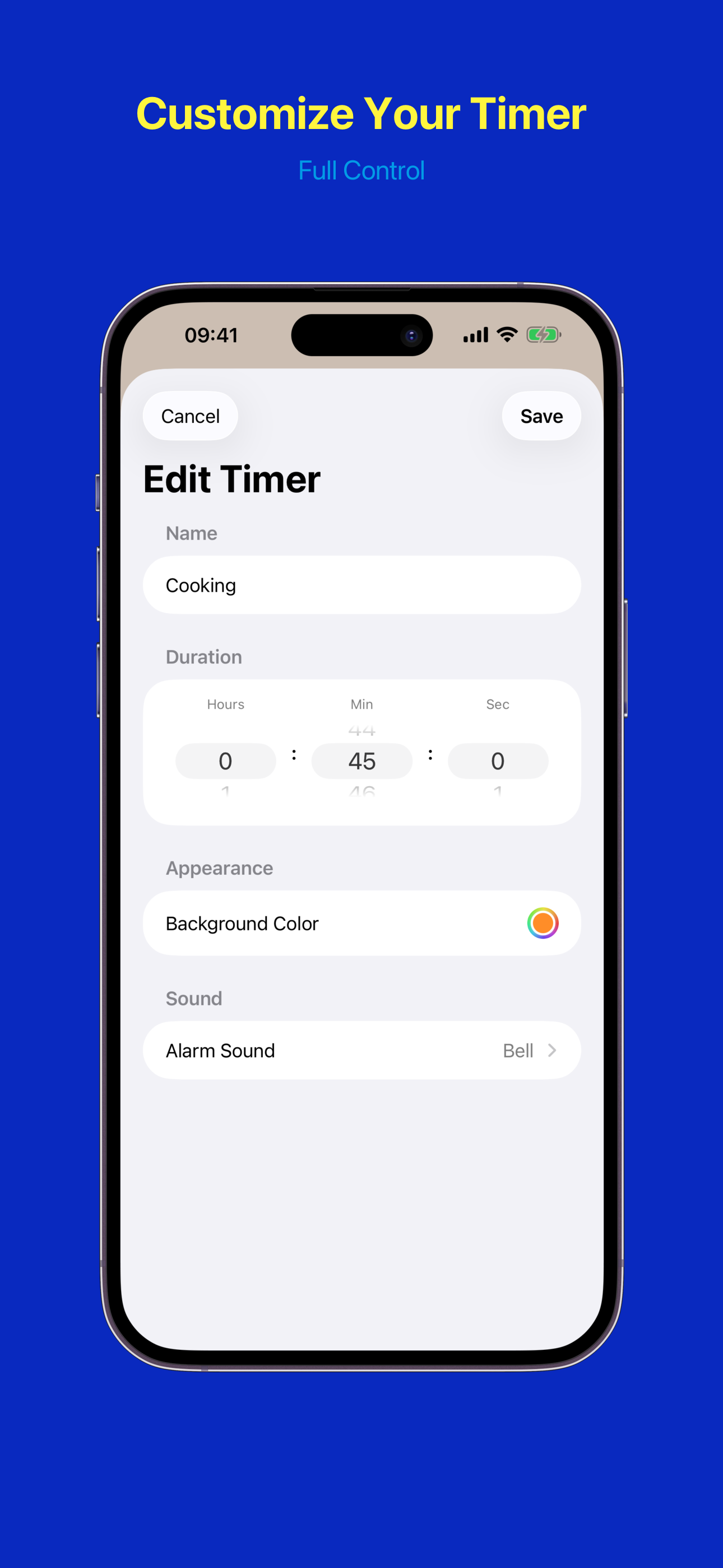 Timer configuration with name, duration, color, and sound