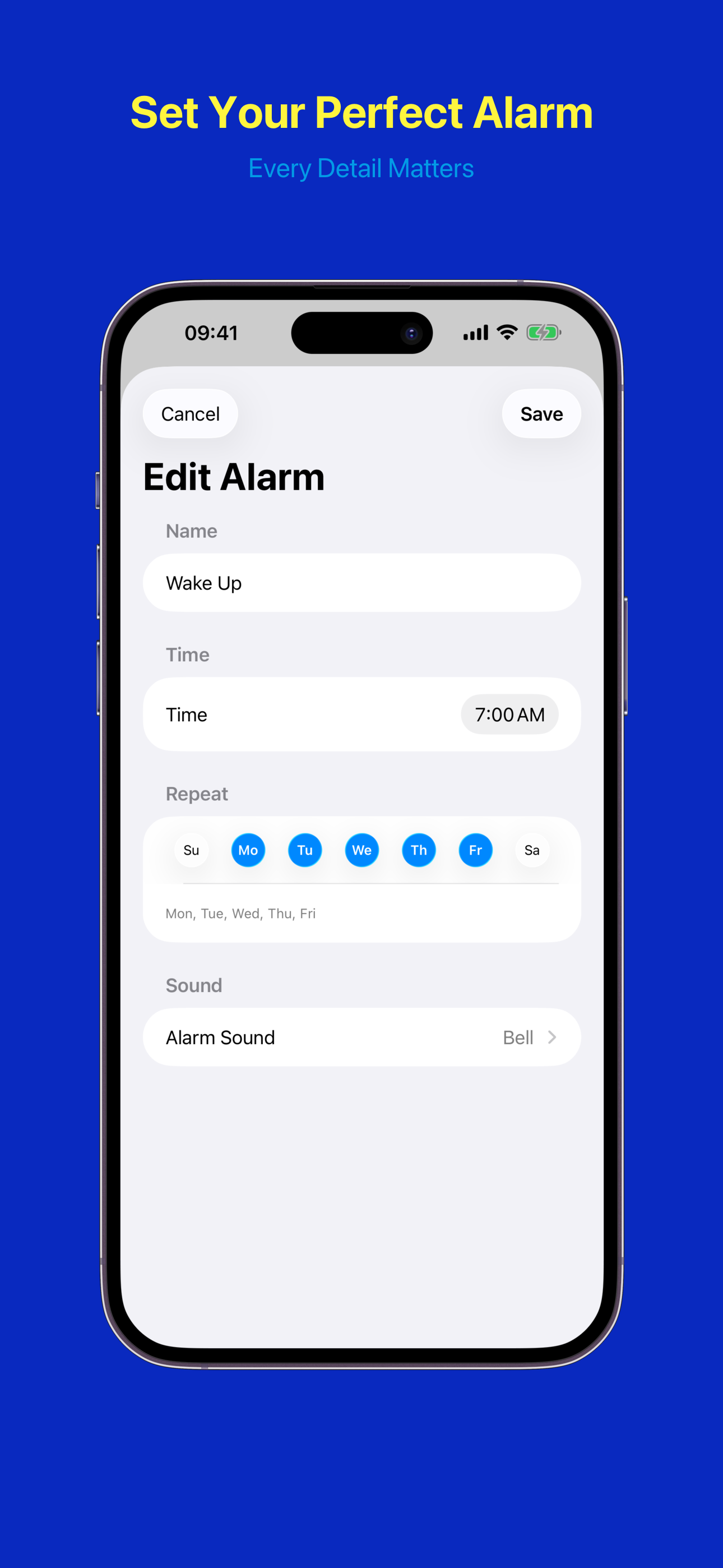 Alarm configuration with time, weekdays, and sound