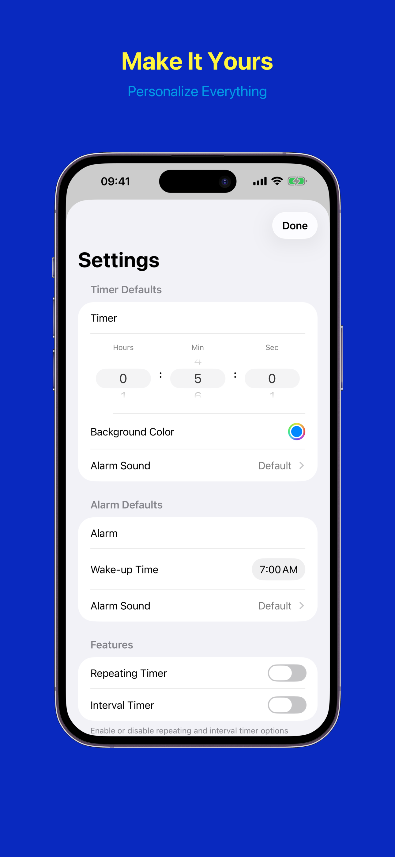 App settings with defaults, features, and appearance